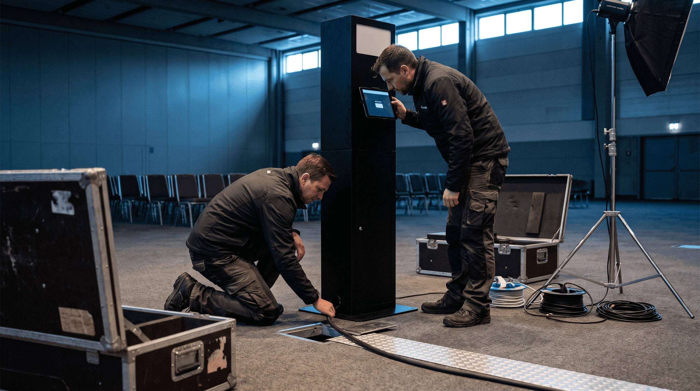 Signal Frame crew setting up a capture station in an empty venue before doors open.