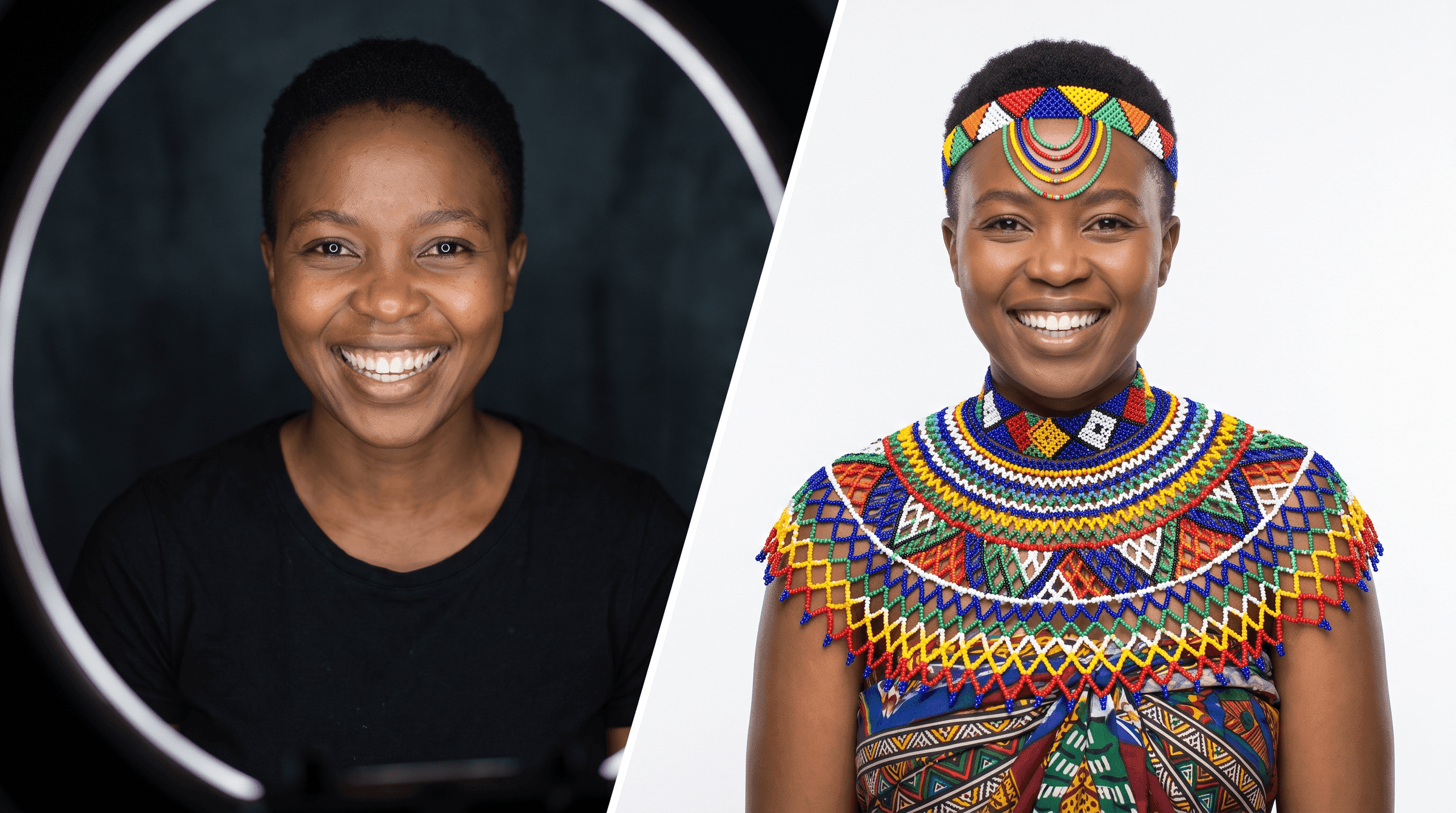 A South African woman photographed at an event station on the left, and on the right the same woman rendered as a portrait in vivid geometric beadwork against a clean white studio background.