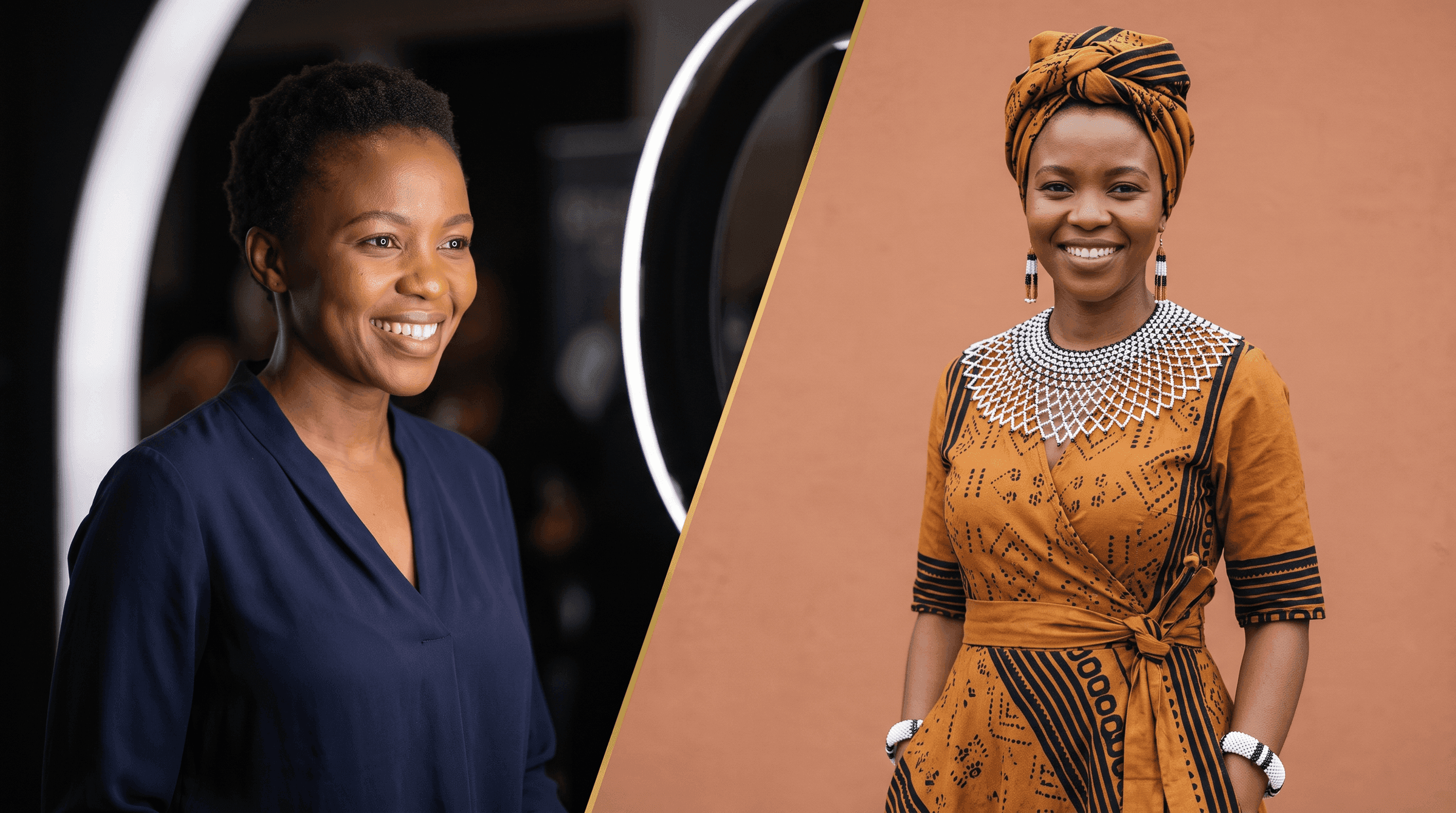 A South African woman photographed at an event station on the left, and on the right the same woman rendered as a portrait in an ochre patterned wrap and headwrap against a warm clay backdrop.