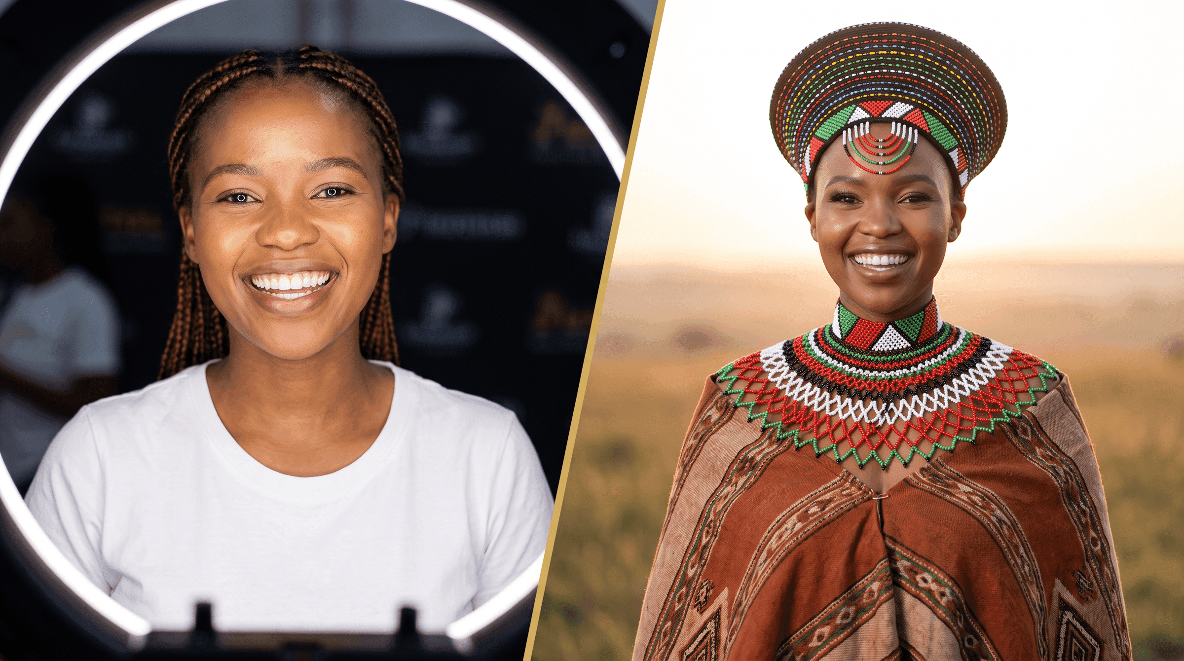A young South African woman photographed at an event station on the left, and on the right the same woman rendered as a portrait in beaded regalia against a golden grassland horizon.